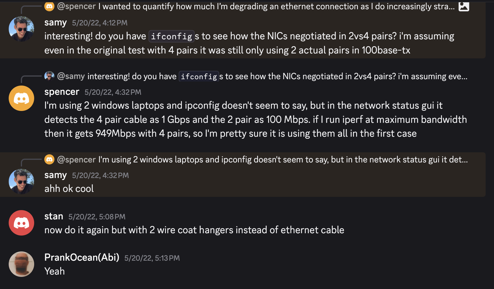 Discord: samy asks how the NICs negotiated, stan raises the stakes to coat hangers