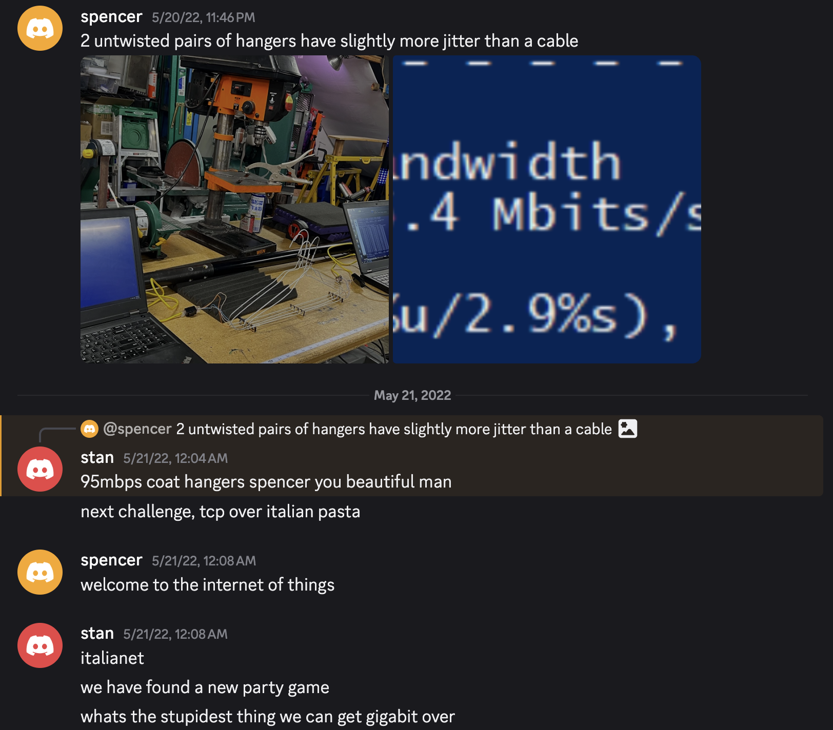 Discord: 95 Mbit/s coat hangers, italianet, and a new party game