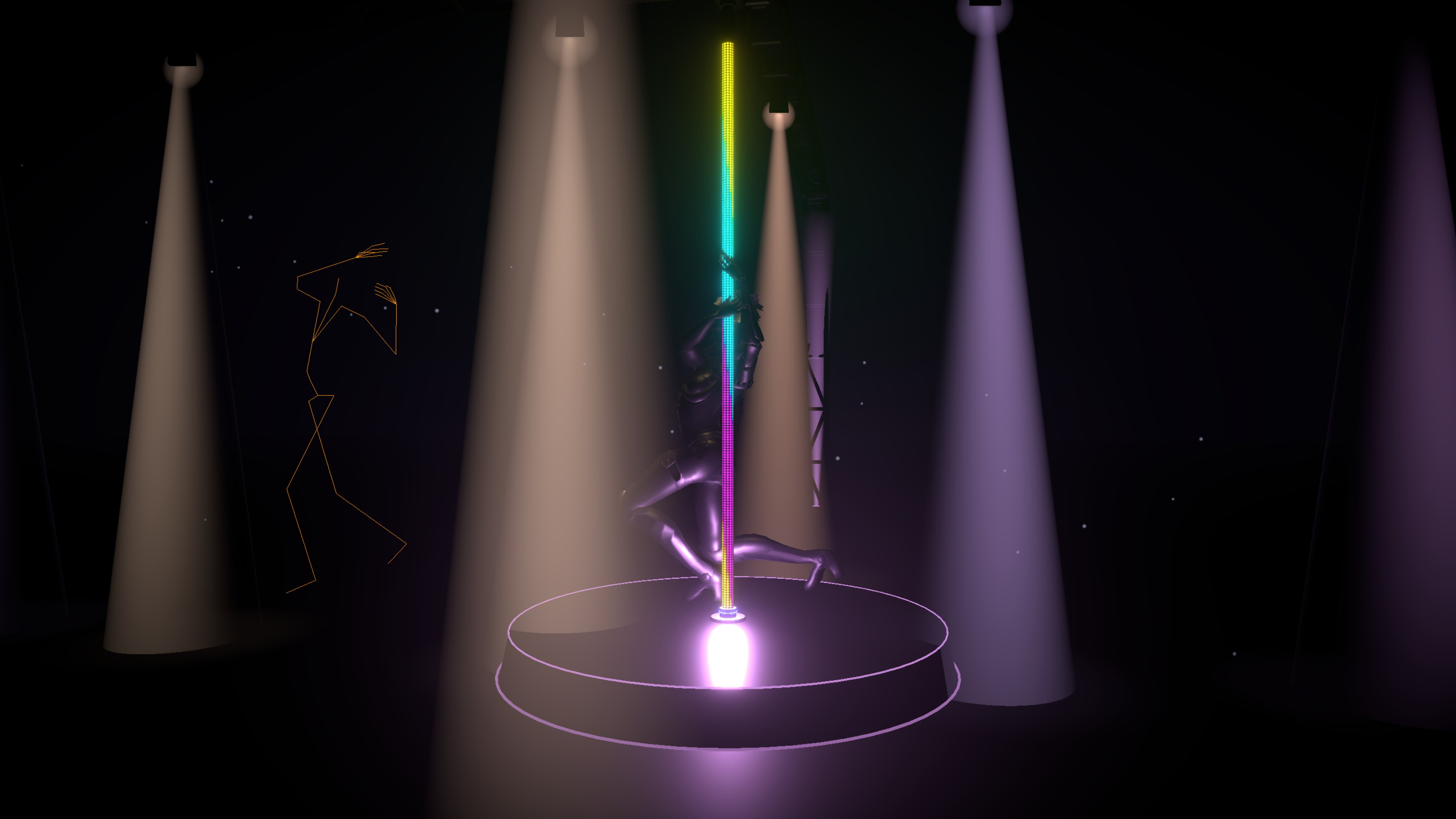 The stage in retarget-debug mode: the LED pole under spotlights, the dancer mid-pose, and the glowing orange source-skeleton overlay striking the pose the capture recorded — the two skeletons this whole post is about reconciling.