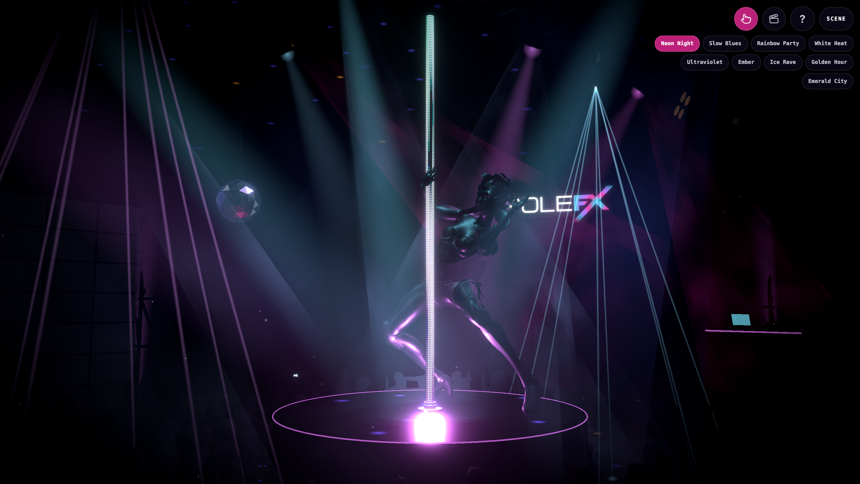Eye-level in the crowd: the pole, spotlights, lasers, video wall, mirror ball, and a crowd member's phone glow all lit at once — the room this post is about teaching to take turns.