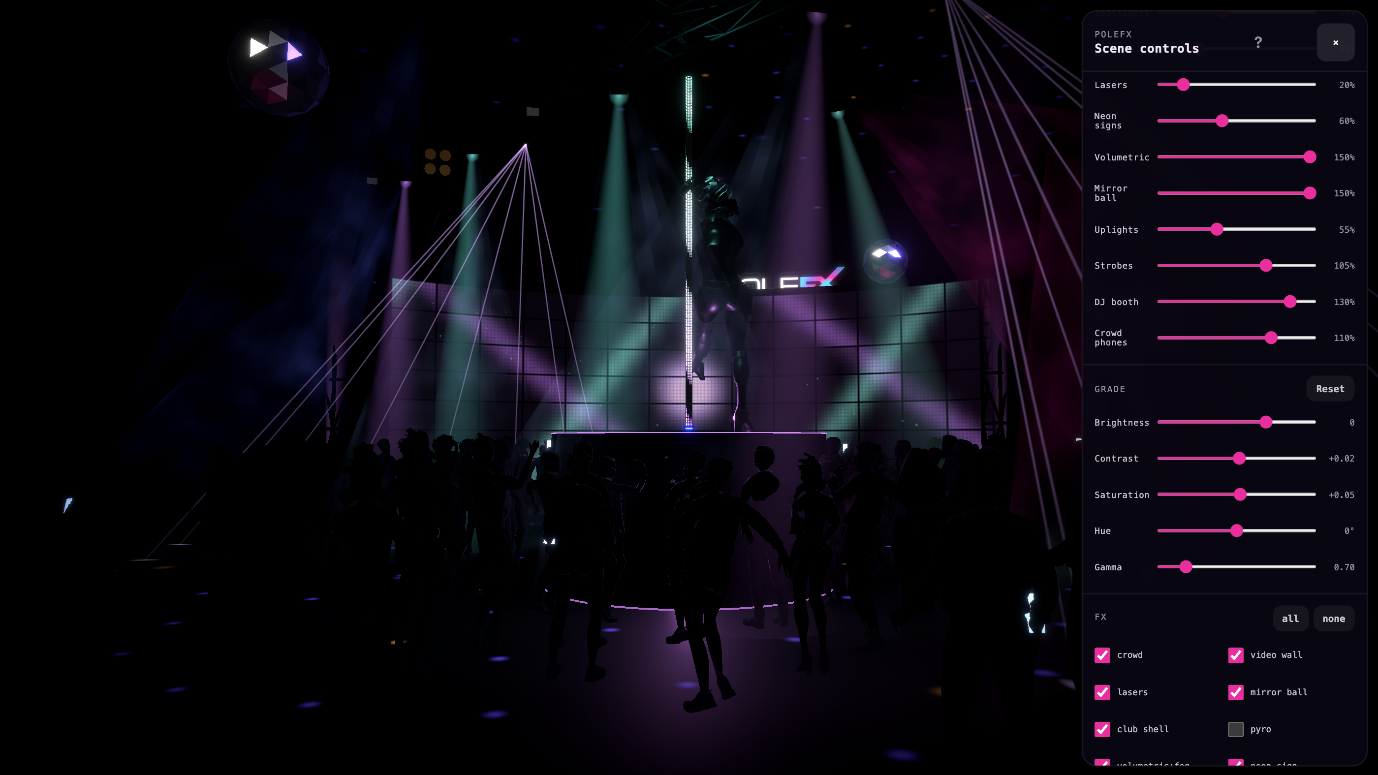 The Levels panel (eleven per-element brightness sliders: pole, spotlights, video wall, lasers, neon signs, volumetric haze, mirror ball, uplights, strobes, DJ booth, crowd phones) and the Grade panel (brightness, contrast, saturation, hue, gamma) open together over the live rendered scene.