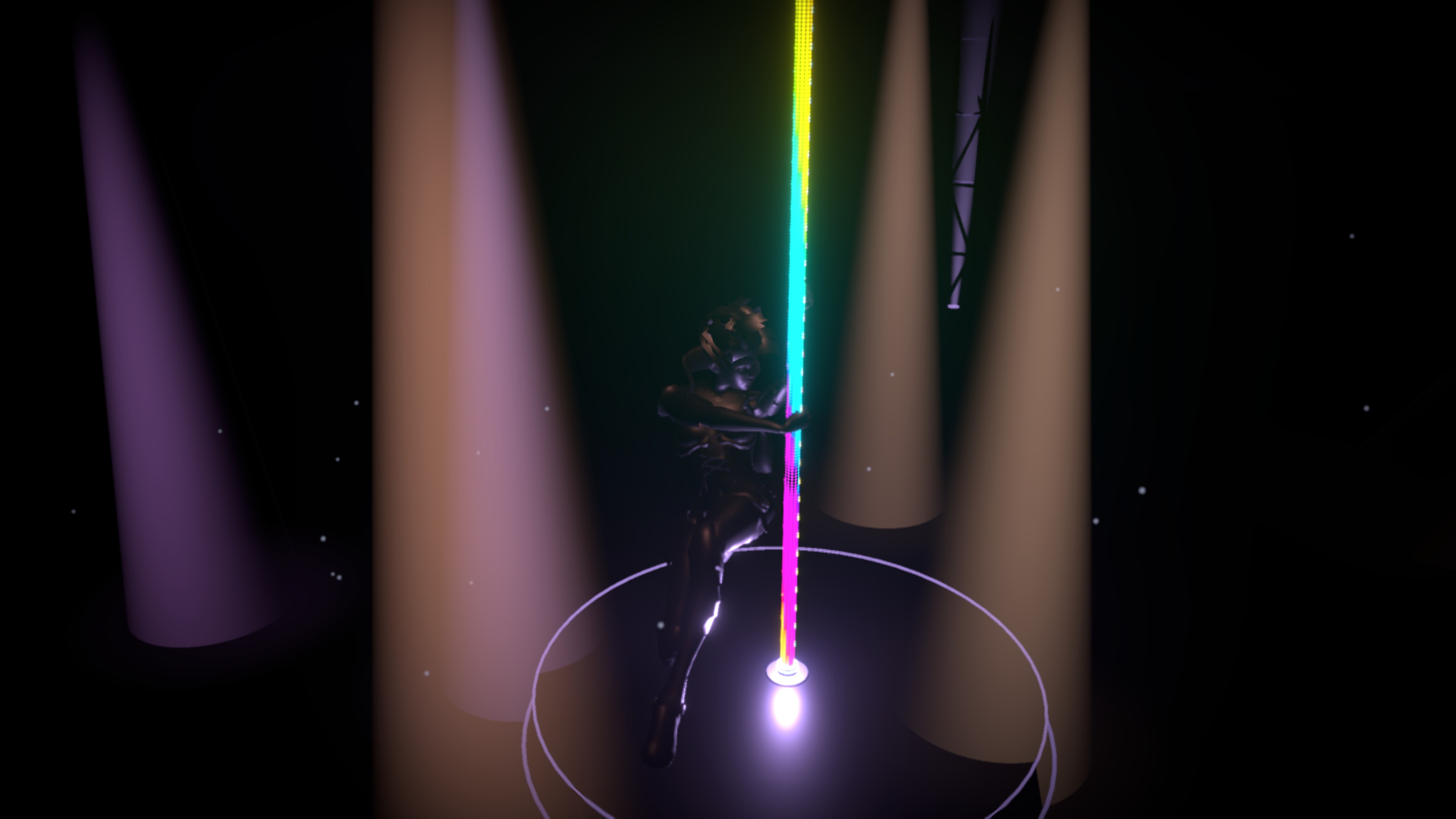 High-angle god's-eye frame looking down the pole: the dancer wrapped around it at the platform, spotlight cones raking in from the edges of frame.