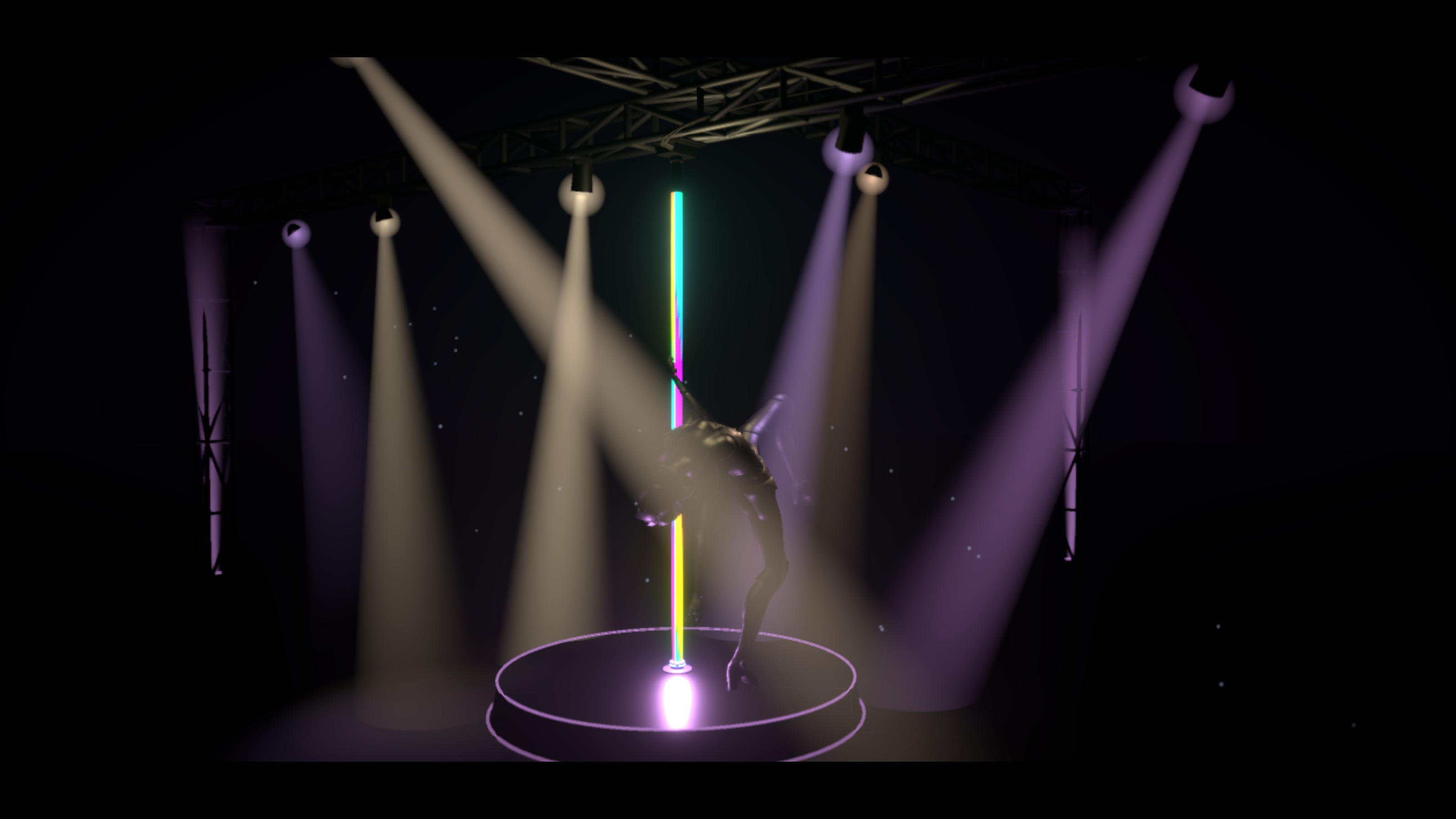 A cinematic letterboxed frame from the real-time stage: an LED pole glowing through purple haze, a dancer mid-spin, volumetric spotlight cones converging behind her.