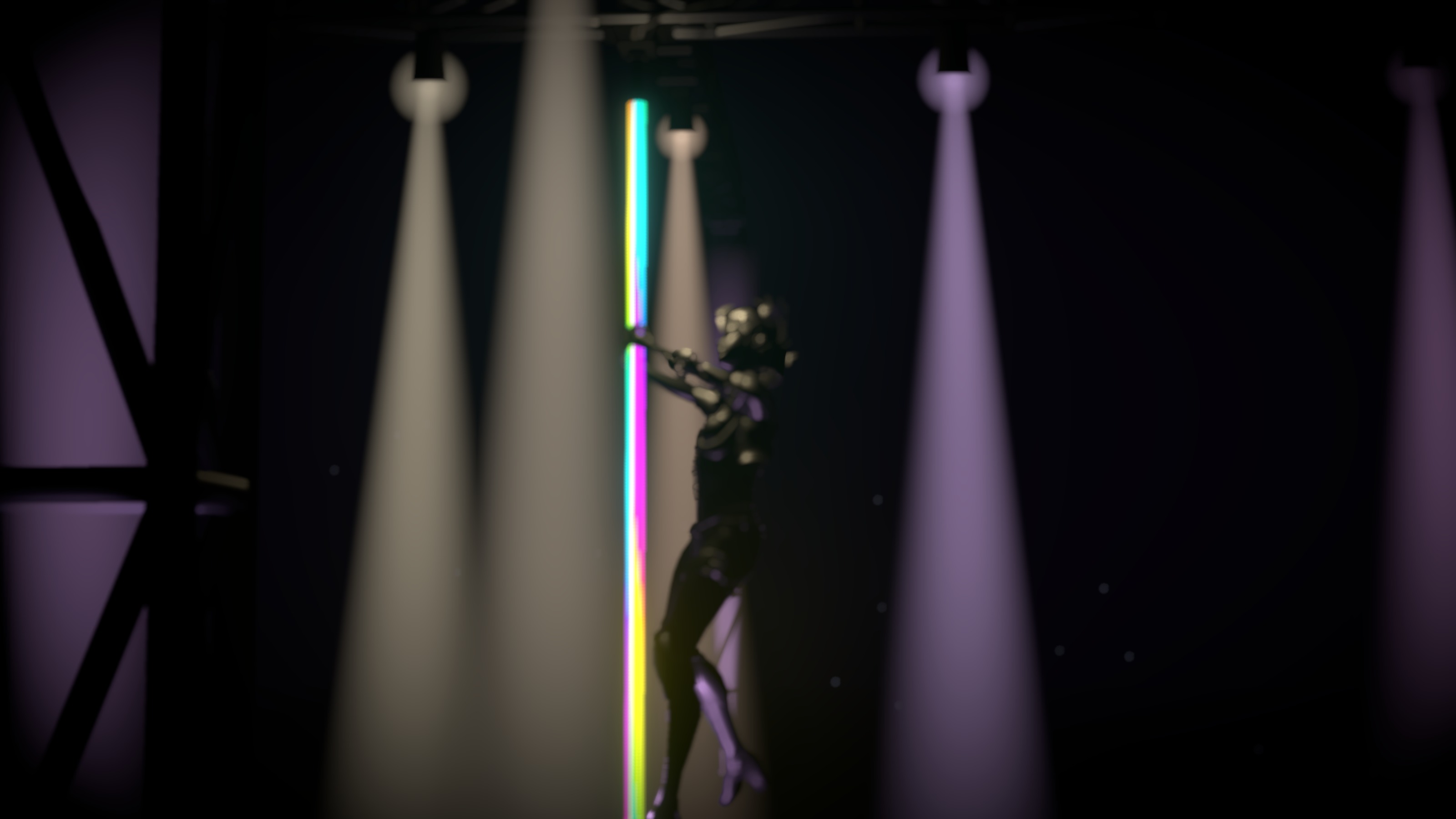 Long-lens frame: the dancer sharp against a heavily blurred stage, background spotlights rendered as soft bokeh discs, composition flattened by telephoto compression.