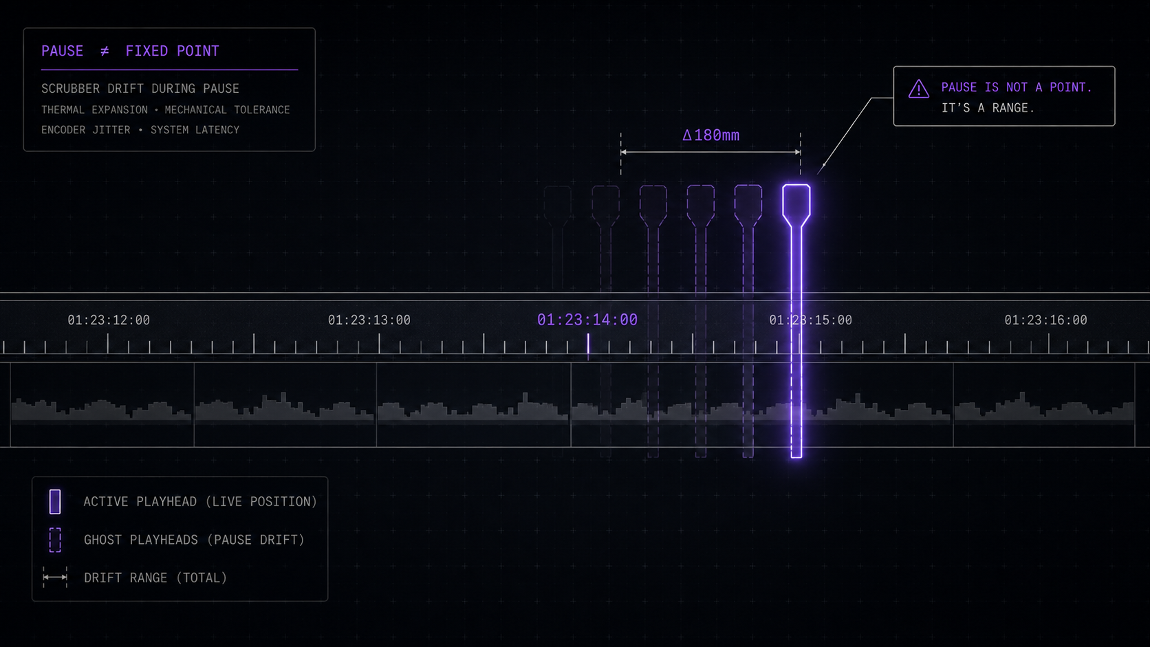 A scrub timeline: one bright active playhead beside five dimmer ghost playheads trailing behind it, a bracket marking Δ180mm of drift between the live position and where a paused frame actually settled.