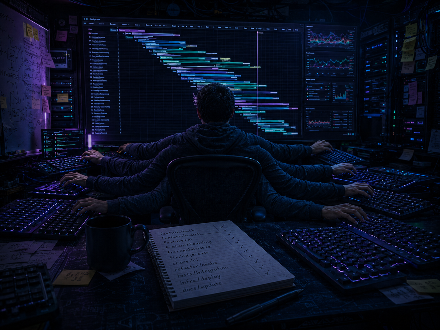 One operator, many keyboards: a war-room desk facing a wall of
swimlane-style progress charts, a notebook of branch names checked off one
by one