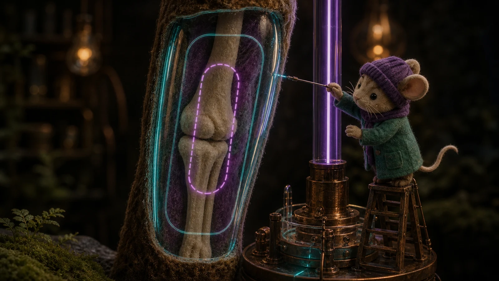 Three mouse surveyors inspect a wooden hand gripping a copper pole. Their
glowing green safety hoop is visibly much smaller than the real hand, so the
gauge reports clearance while the hand intersects the pole.