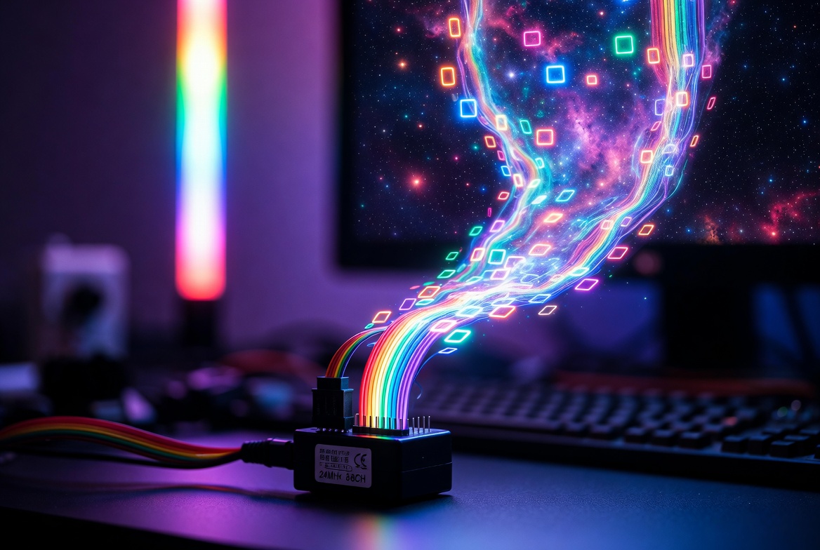 A logic analyzer on the bench, pixel data streaming from its rainbow ribbon
cable up onto a screen