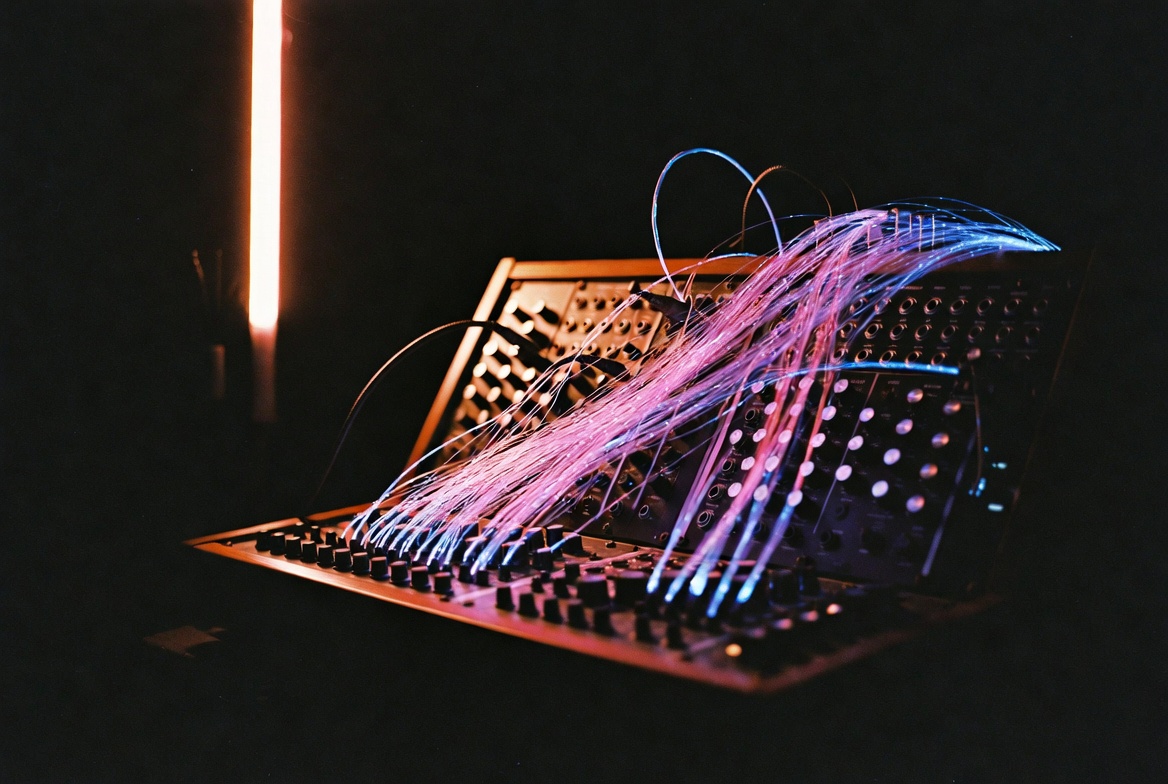 A modular synthesizer in near-darkness, patch cables lit violet and pink like fiber optics, a warm vertical bar of light behind it.