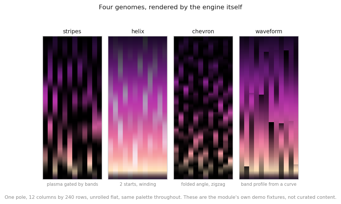 Four poles side by side, each rendered from a different genome