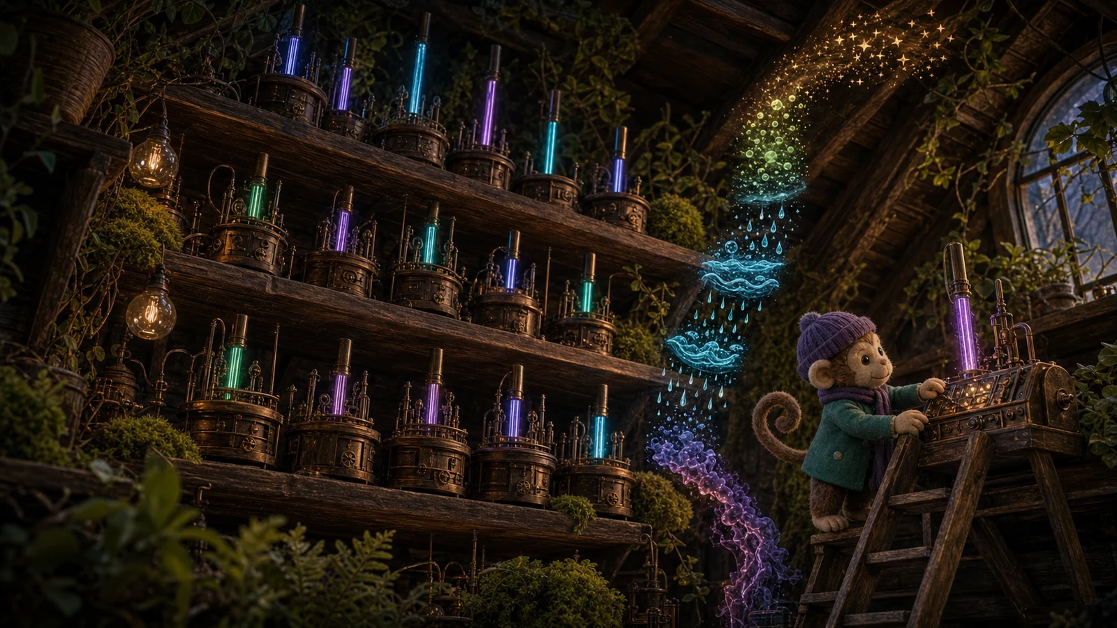 A mouse inventor operates one copper synthesizer loom. Many distinct glowing
patterns—waves, rain, smoke, helices, and twinkles—fan from the machine toward
an LED pole while shelves of separate pattern boxes sit retired.