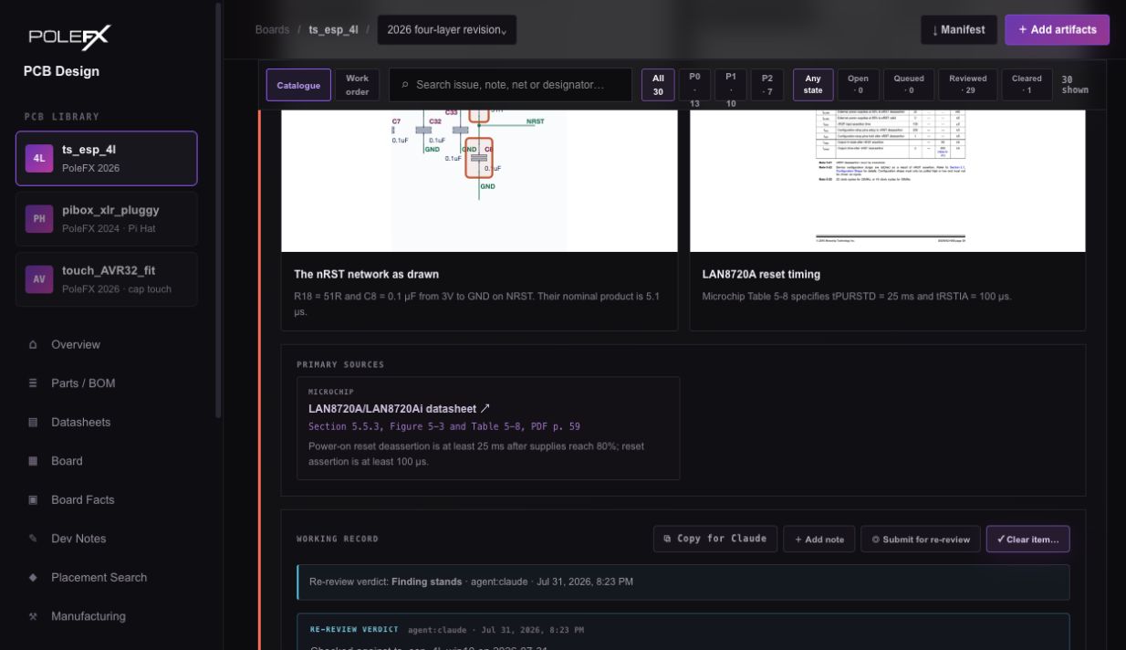 The lower half of a finding showing evidence captions, a primary-source citation, re-review controls, and the working record.