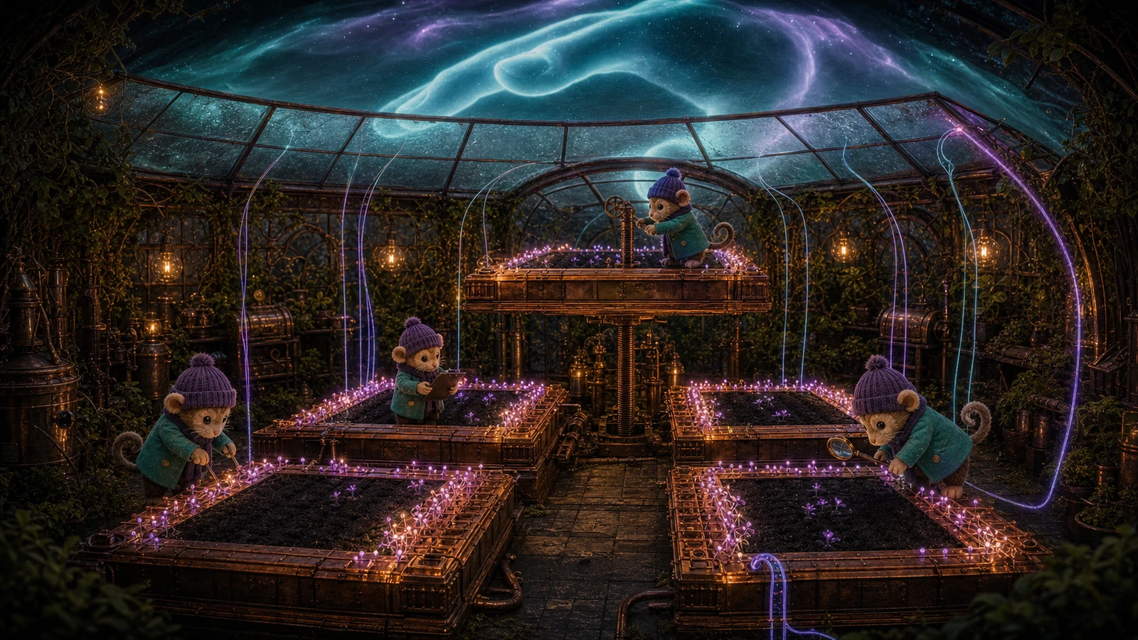 Mouse engineers inside a glowing translucent pole adjust four copper touch
pads toward the tube wall while a hand grips it and faint field lines reach
the fingers.
