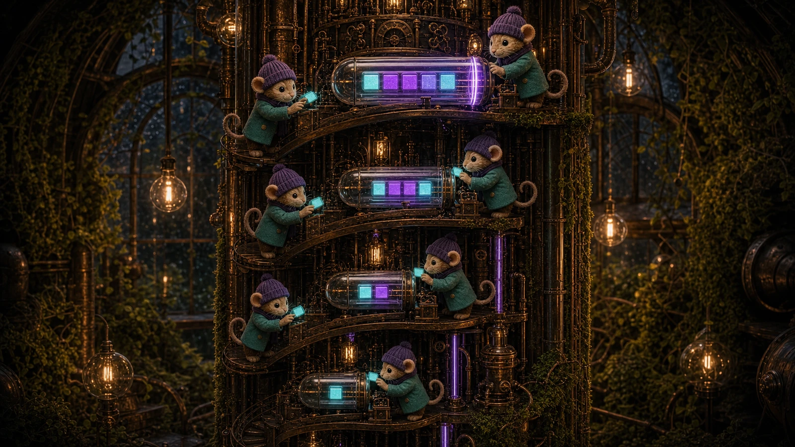 Mouse engineers at five levels of a copper relay tower add one glowing data
block at each stop, building a longer sealed message as it climbs.