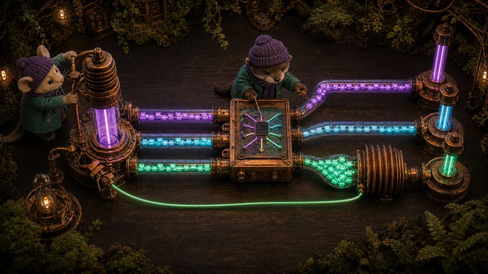 In a felt-animal workshop, one of three glowing glass network channels is
packed with pixel blocks. Its swollen bellows sends a mint feedback line to
the shared source while a mouse and an otter trace the unwanted slowdown.
